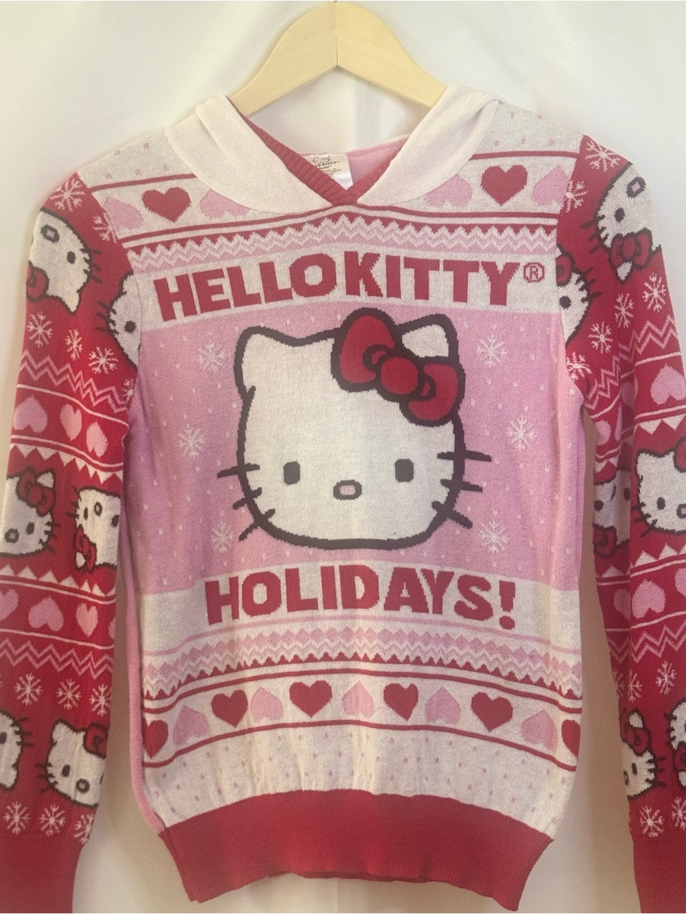 Hello Kitty Sanrio Holiday Fair Isle Hooded Sweater L 3D Ears Bow Pink Red